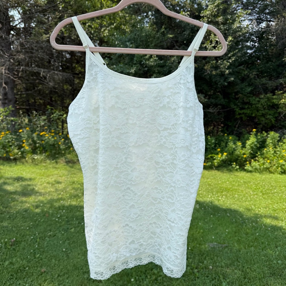Y2K Floral Lace Willow Bay Cami Tank Top XL White Adjustable Strap Scalloped Hem